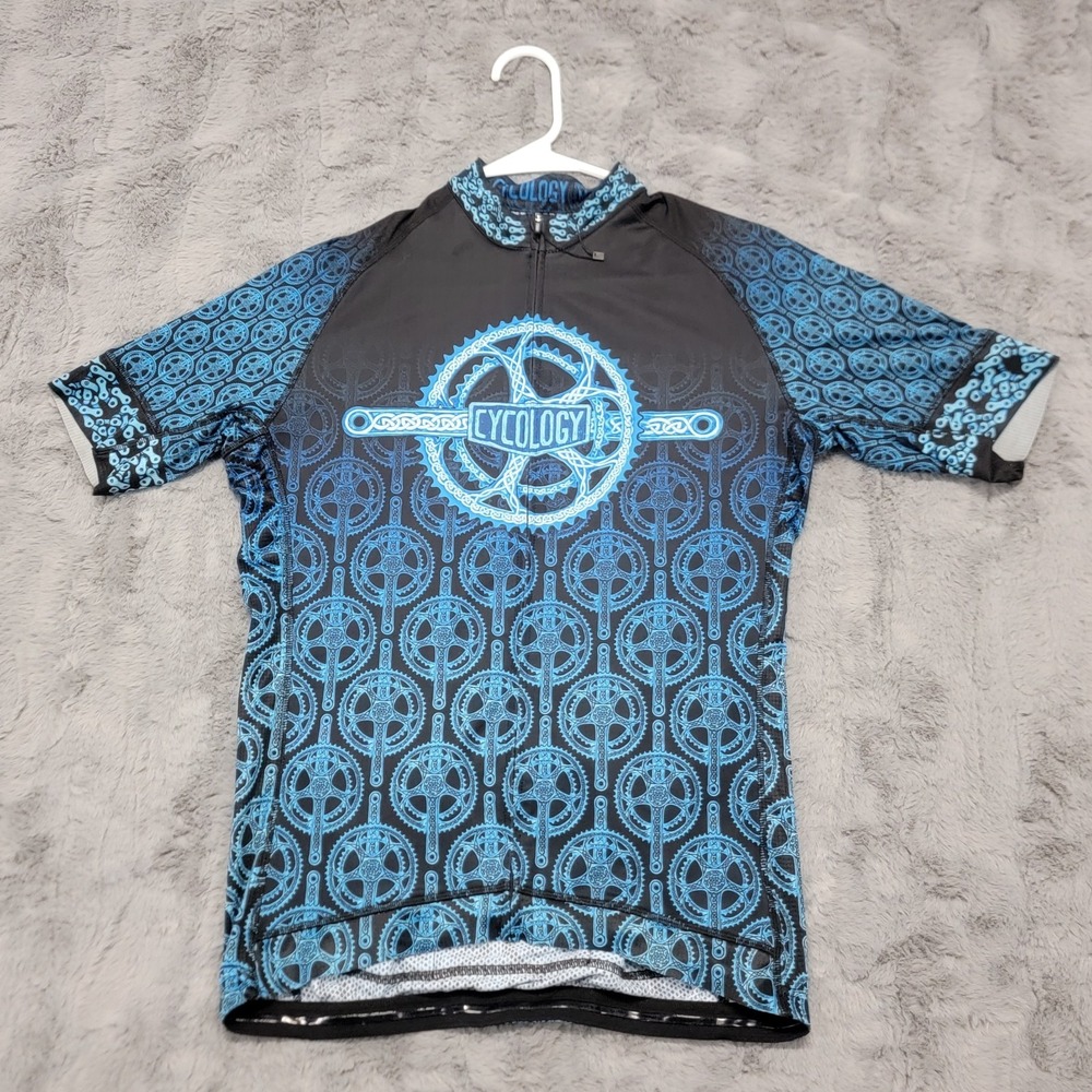 Cycology Performance Cycling Jersey Mens M-L‎ Blue Full Zip Bike Graphic Shirt